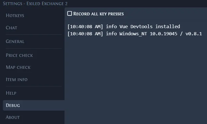 Exiled Exchange 2 Debug settings showing where to inspect logs