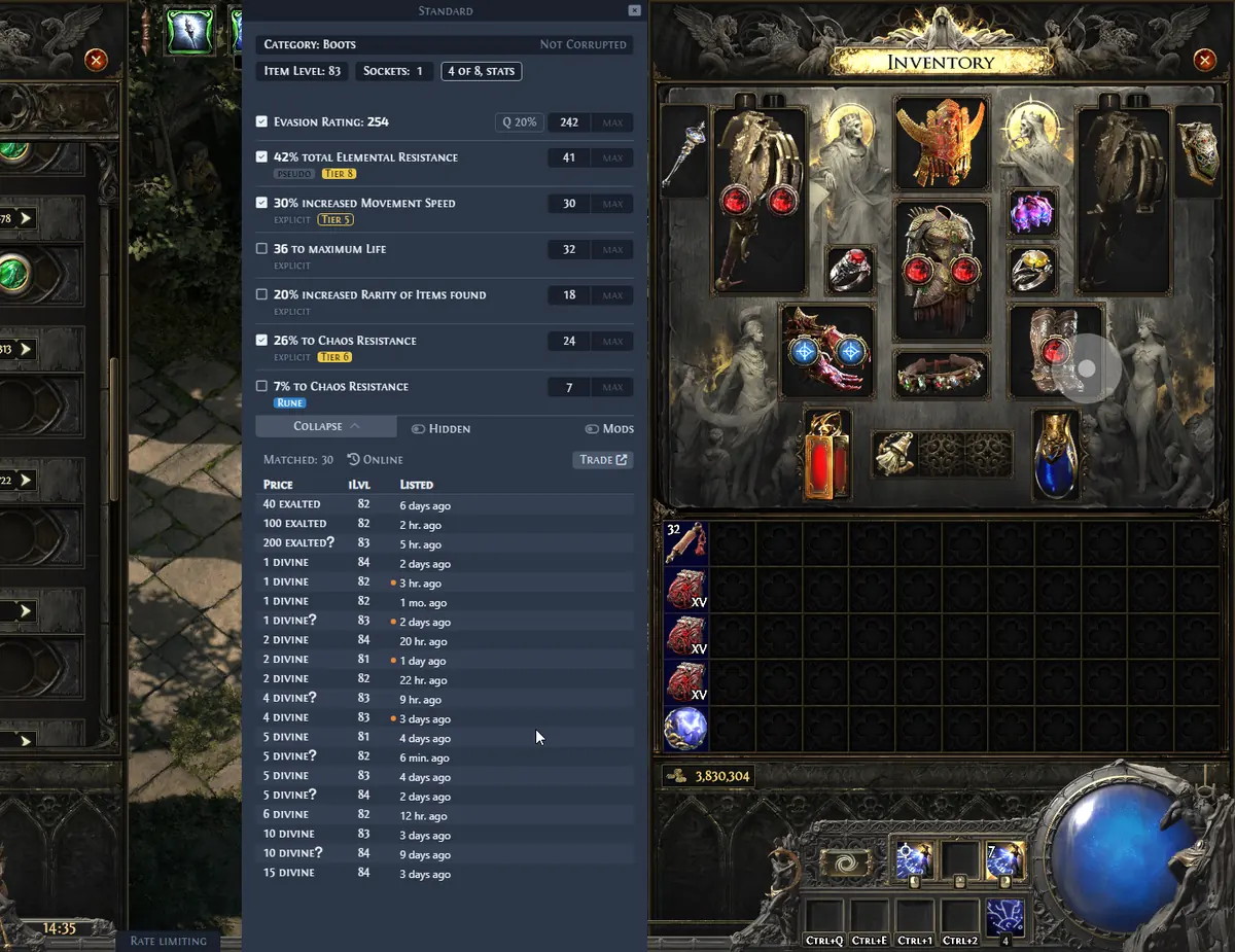 Exiled Exchange 2 price check window showing rare item listings and filters