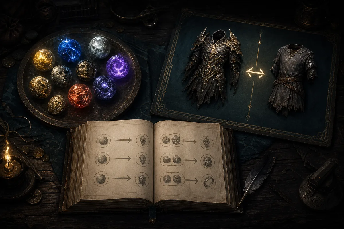 Editorial illustration of Path of Exile 2 currency, equipment and exchange data