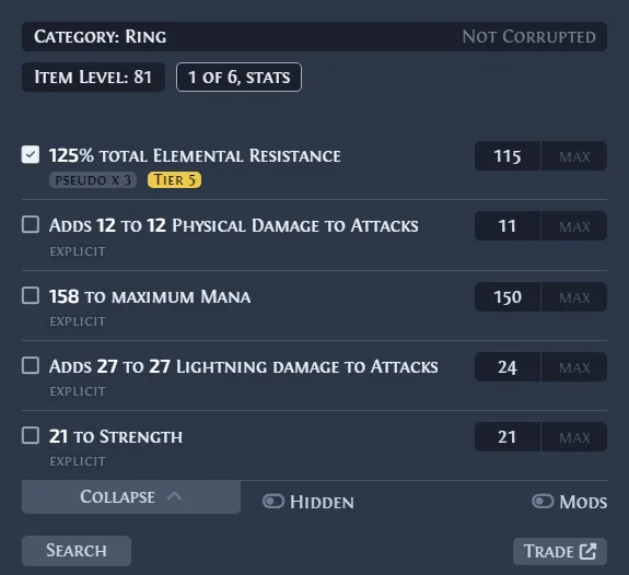 Exiled Exchange 2 item filter panel where recognized modifiers appear