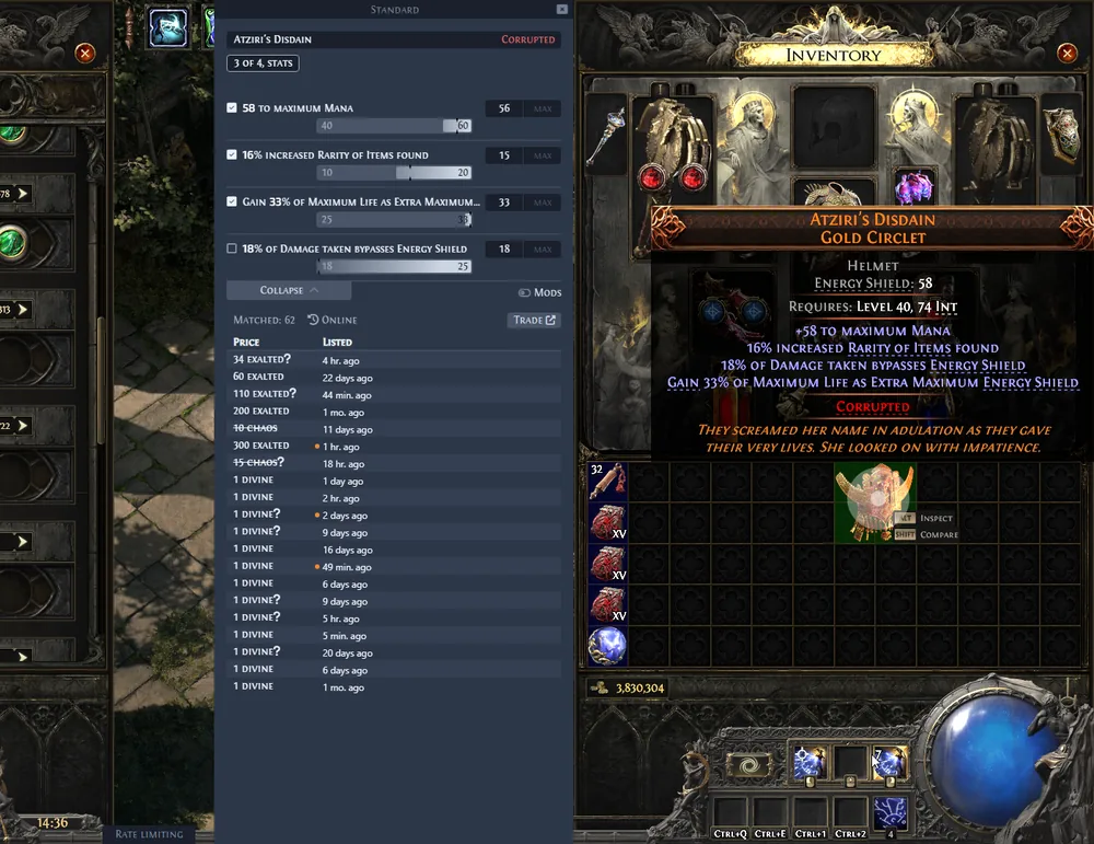 Exiled Exchange 2 unique item price check window